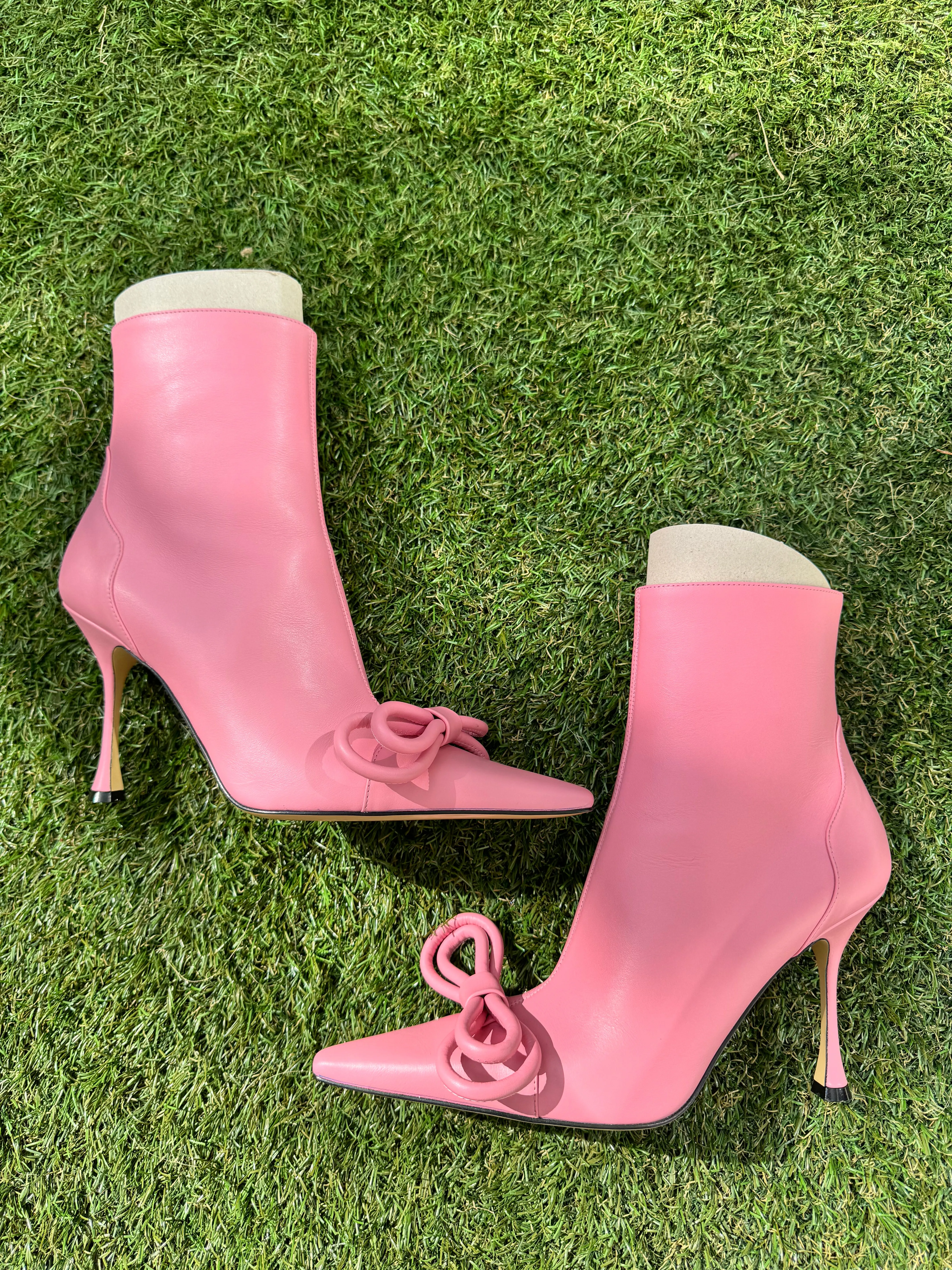 Mach & Mach Double Bow Pink Leather Pointed Toe Boots Booties