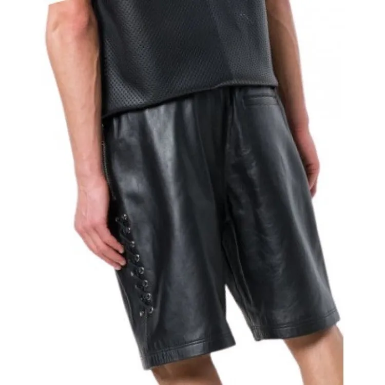 Men Side Lace-Up Basketball Real Sheepskin Black Leather Shorts