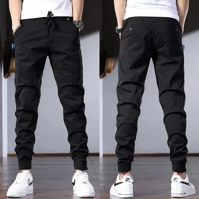 Men's Gray Cotton Casual Pants: Korean Style Streetwear, Slim Fit Stretch, Drawstring Trousers