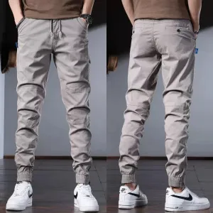 Men's Gray Cotton Casual Pants: Korean Style Streetwear, Slim Fit Stretch, Drawstring Trousers