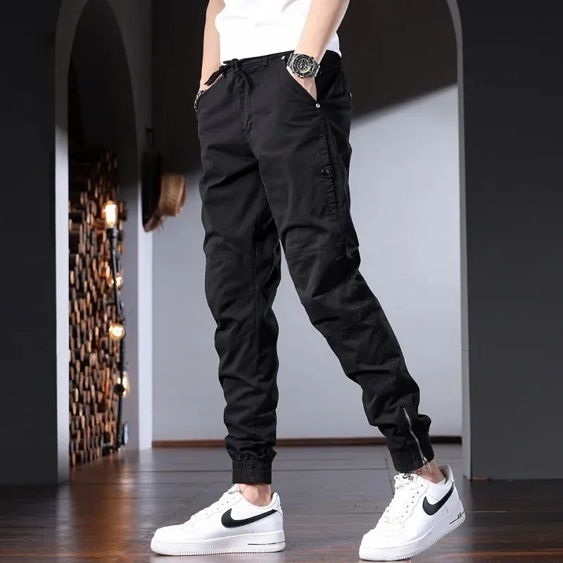 Men's Gray Cotton Casual Pants: Korean Style Streetwear, Slim Fit Stretch, Drawstring Trousers