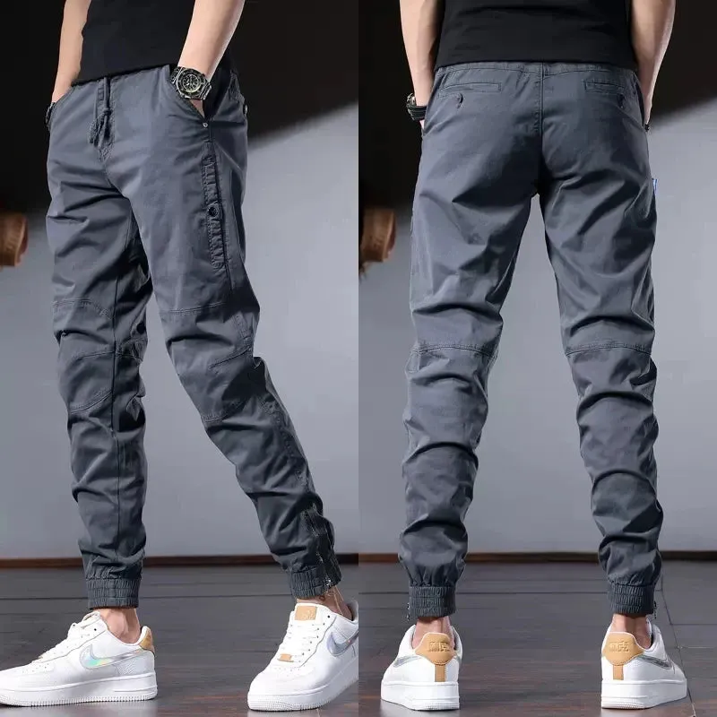 Men's Gray Cotton Casual Pants: Korean Style Streetwear, Slim Fit Stretch, Drawstring Trousers