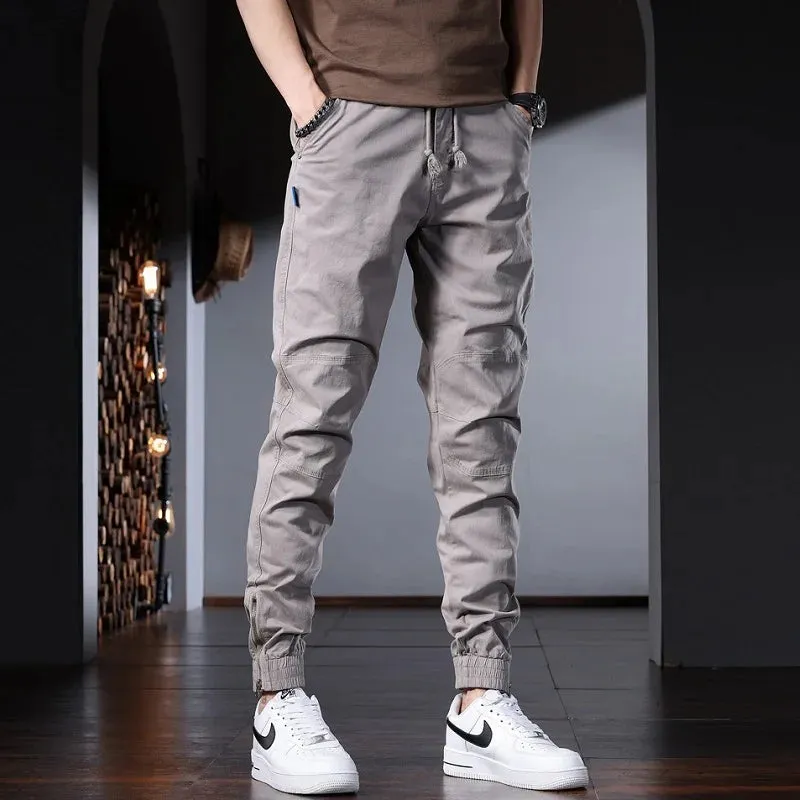 Men's Gray Cotton Casual Pants: Korean Style Streetwear, Slim Fit Stretch, Drawstring Trousers