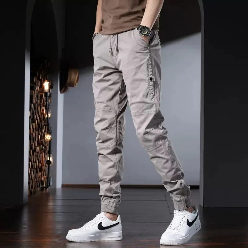 Men's Gray Cotton Casual Pants: Korean Style Streetwear, Slim Fit Stretch, Drawstring Trousers