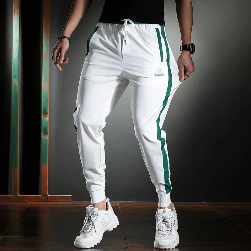 Men's Thin White Striped Pants - Summer Casual Slim Sport Pencil Pants with Fashion Embroidery Ice Silk Joggers