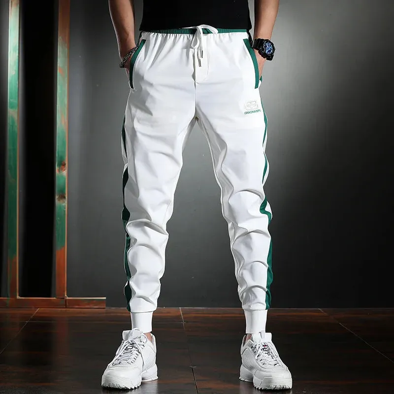 Men's Thin White Striped Pants - Summer Casual Slim Sport Pencil Pants with Fashion Embroidery Ice Silk Joggers