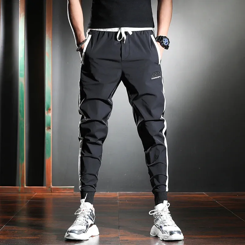 Men's Thin White Striped Pants - Summer Casual Slim Sport Pencil Pants with Fashion Embroidery Ice Silk Joggers