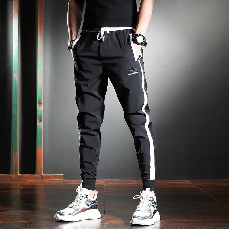 Men's Thin White Striped Pants - Summer Casual Slim Sport Pencil Pants with Fashion Embroidery Ice Silk Joggers