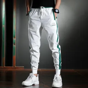 Men's Thin White Striped Pants - Summer Casual Slim Sport Pencil Pants with Fashion Embroidery Ice Silk Joggers