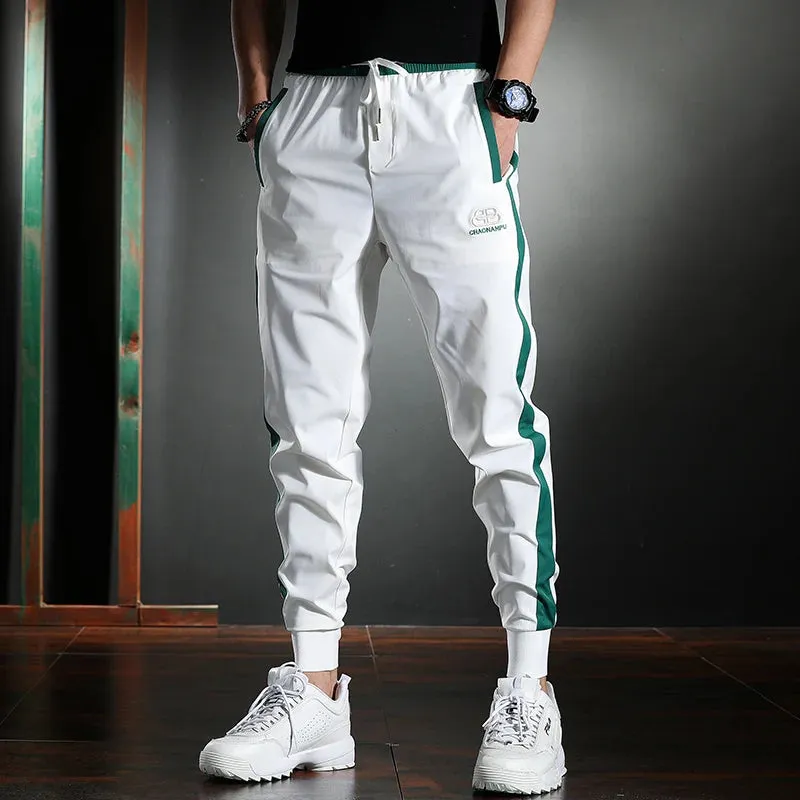Men's Thin White Striped Pants - Summer Casual Slim Sport Pencil Pants with Fashion Embroidery Ice Silk Joggers