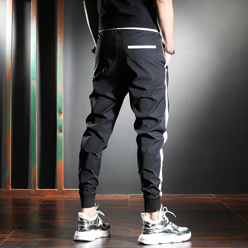 Men's Thin White Striped Pants - Summer Casual Slim Sport Pencil Pants with Fashion Embroidery Ice Silk Joggers