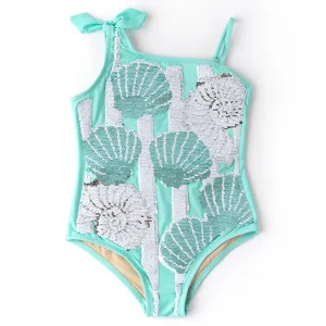 Mint Shells Flip Sequin One Shoulder One Piece Swimsuit Sizes 3t-6yrs