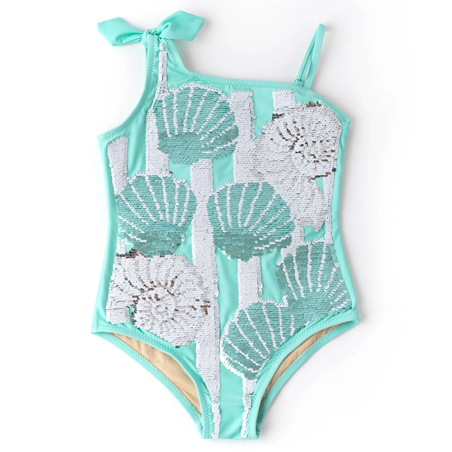 Mint Shells Flip Sequin One Shoulder One Piece Swimsuit Sizes 3t-6yrs