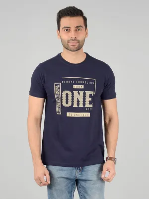 Navy Blue Printed Slim Fit T-Shirt | Greenfibre