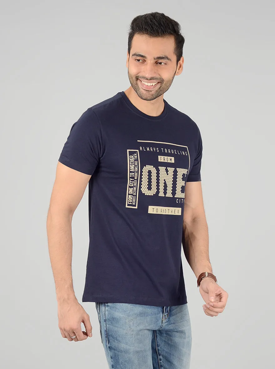 Navy Blue Printed Slim Fit T-Shirt | Greenfibre