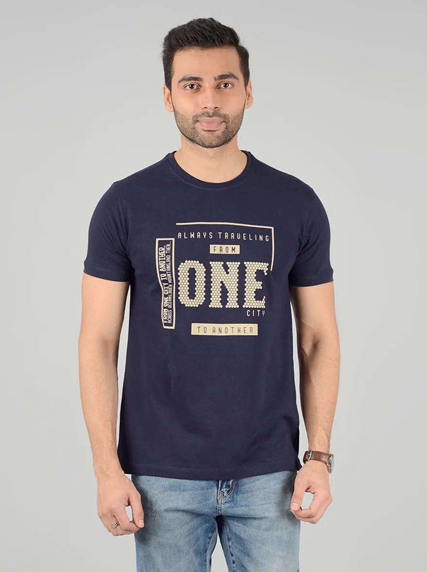 Navy Blue Printed Slim Fit T-Shirt | Greenfibre
