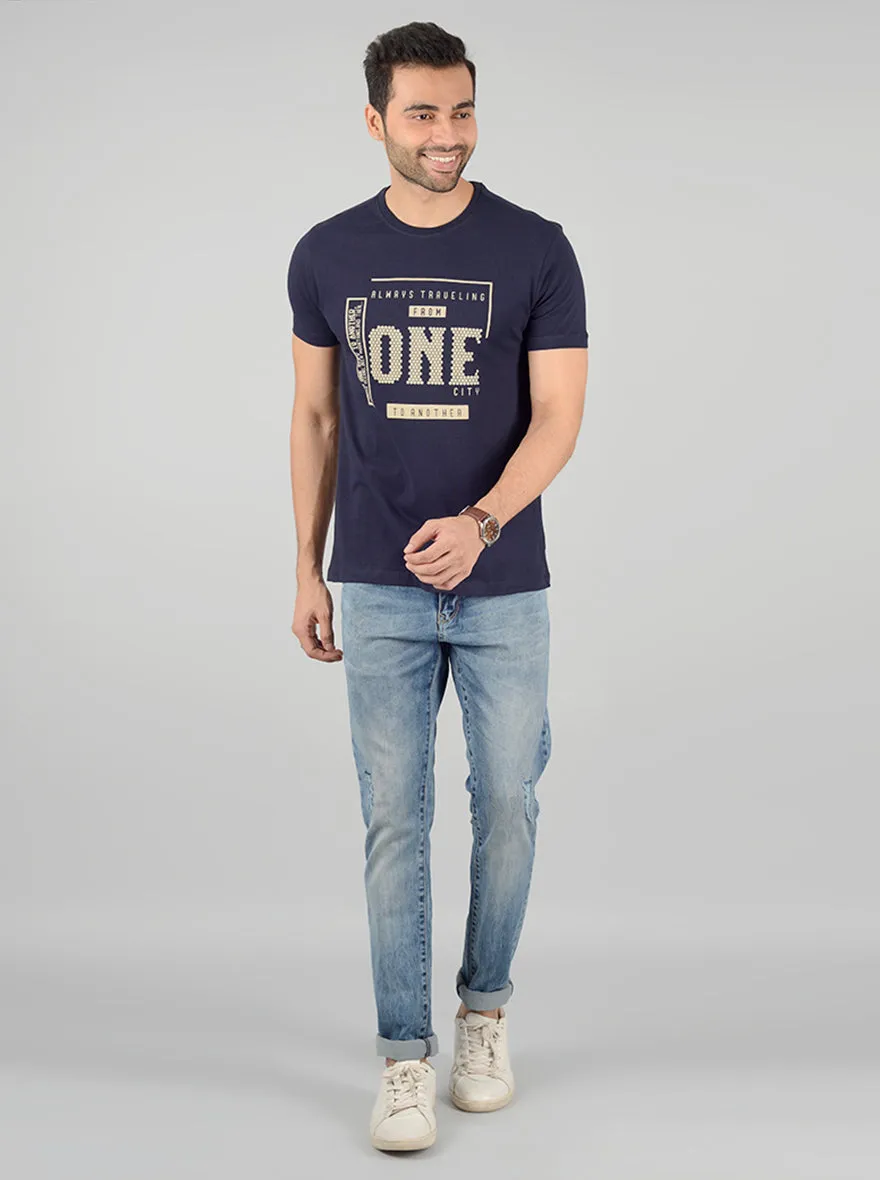 Navy Blue Printed Slim Fit T-Shirt | Greenfibre