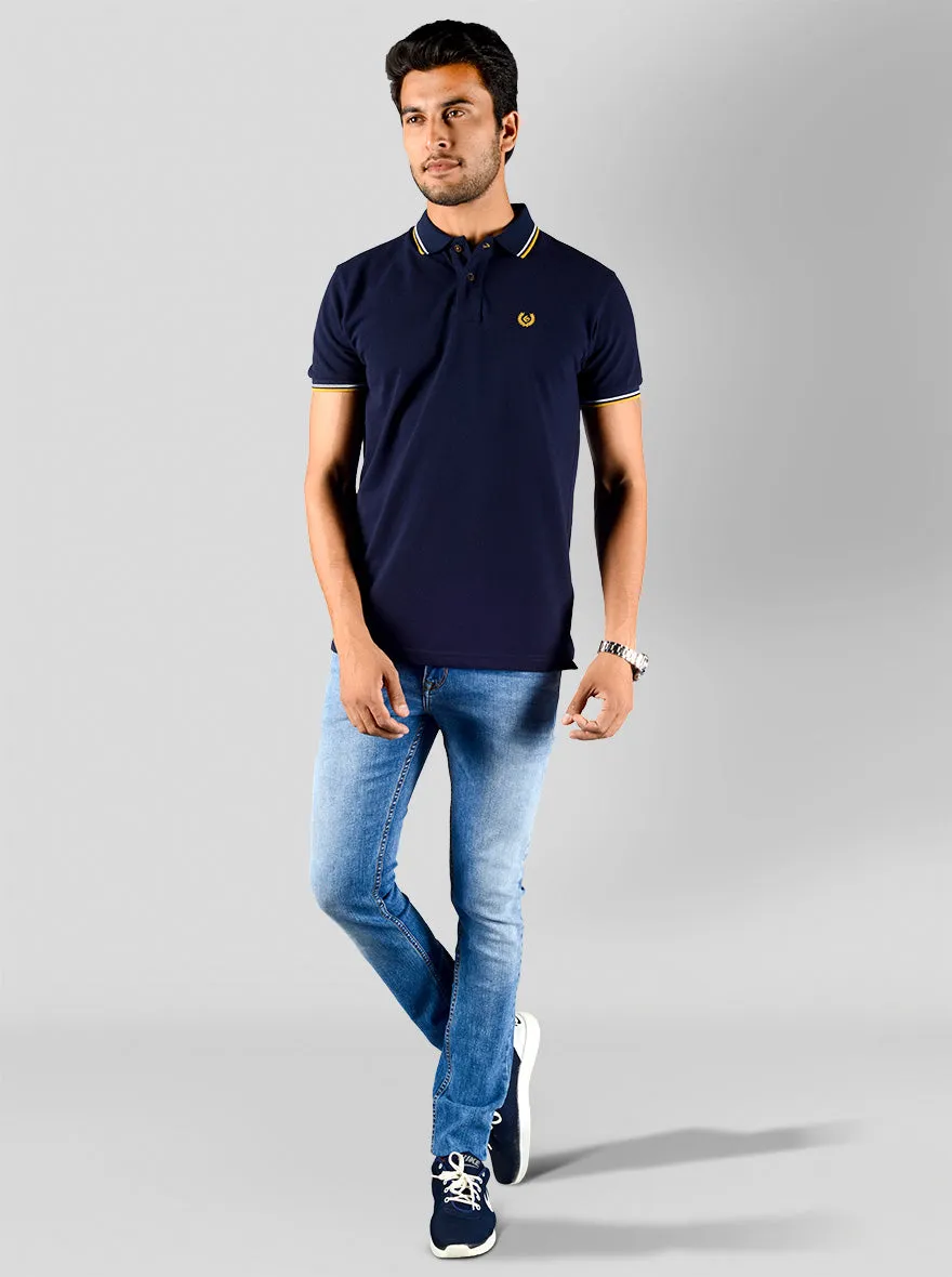 Navy Blue Solid Slim Fit Polo T-shirt | Greenfibre