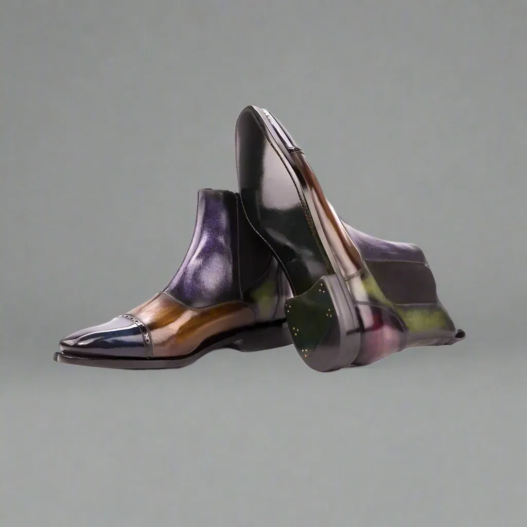 Patina Toe Cap Leather Slip-On Chelsea Boots Leather Sole - Boots