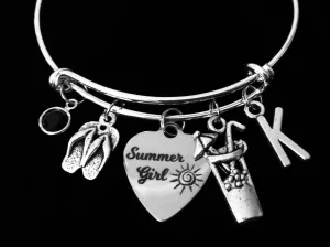 Personalized Summer Girl Expandable Charm Bracelet Silver Adjustable Wire Bangle One Size Fits All Gift Nautical Jewelry Flip Flops