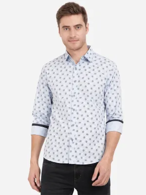 Powder Blue Printed Slim Fit Semi Casual Shirt | Greenfibre