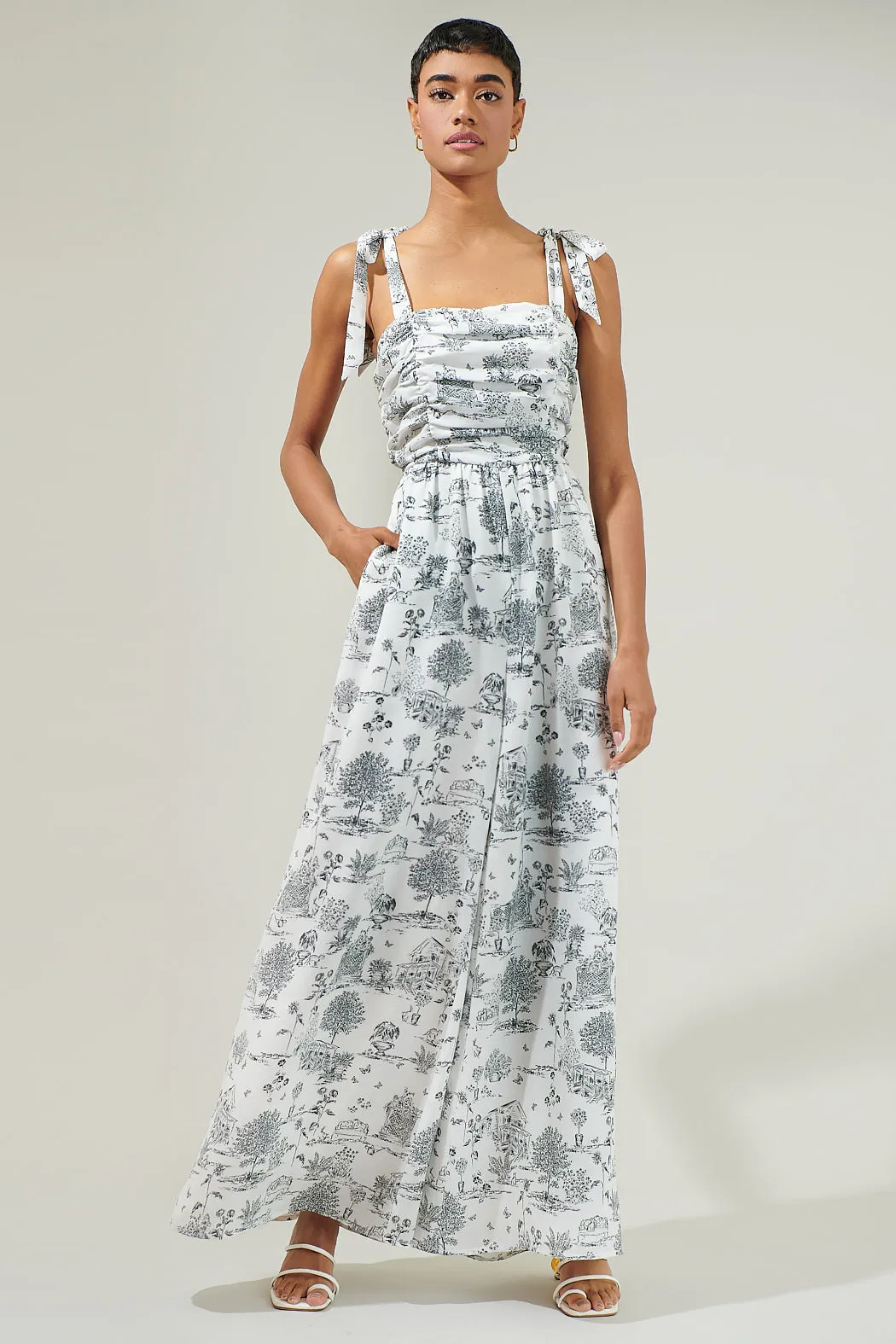 Renzo Toile Strap Tie Jumpsuit