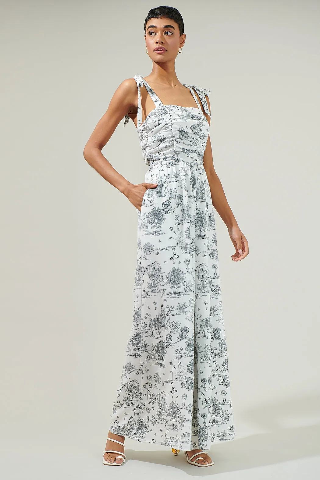 Renzo Toile Strap Tie Jumpsuit