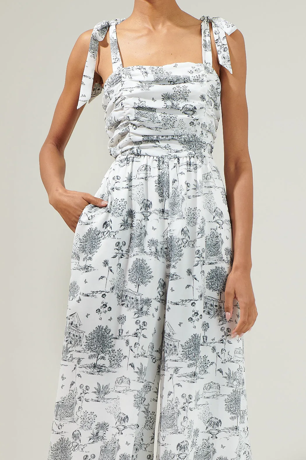 Renzo Toile Strap Tie Jumpsuit