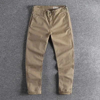 Retro Woven Twill Cargo Pants - Men's Simple 100% Cotton Washed Old Slim Straight Trousers