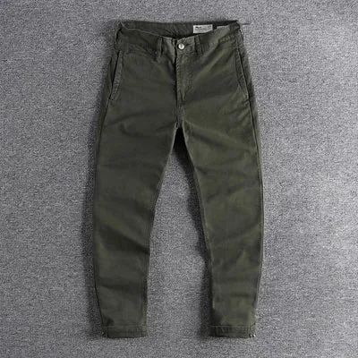 Retro Woven Twill Cargo Pants - Men's Simple 100% Cotton Washed Old Slim Straight Trousers