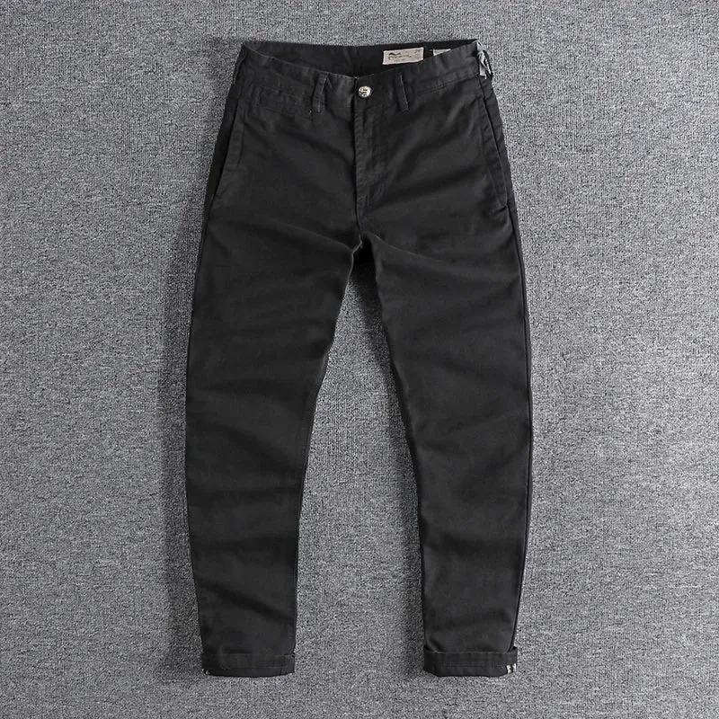 Retro Woven Twill Cargo Pants - Men's Simple 100% Cotton Washed Old Slim Straight Trousers