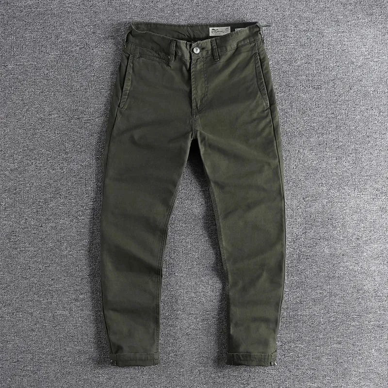 Retro Woven Twill Cargo Pants - Men's Simple 100% Cotton Washed Old Slim Straight Trousers