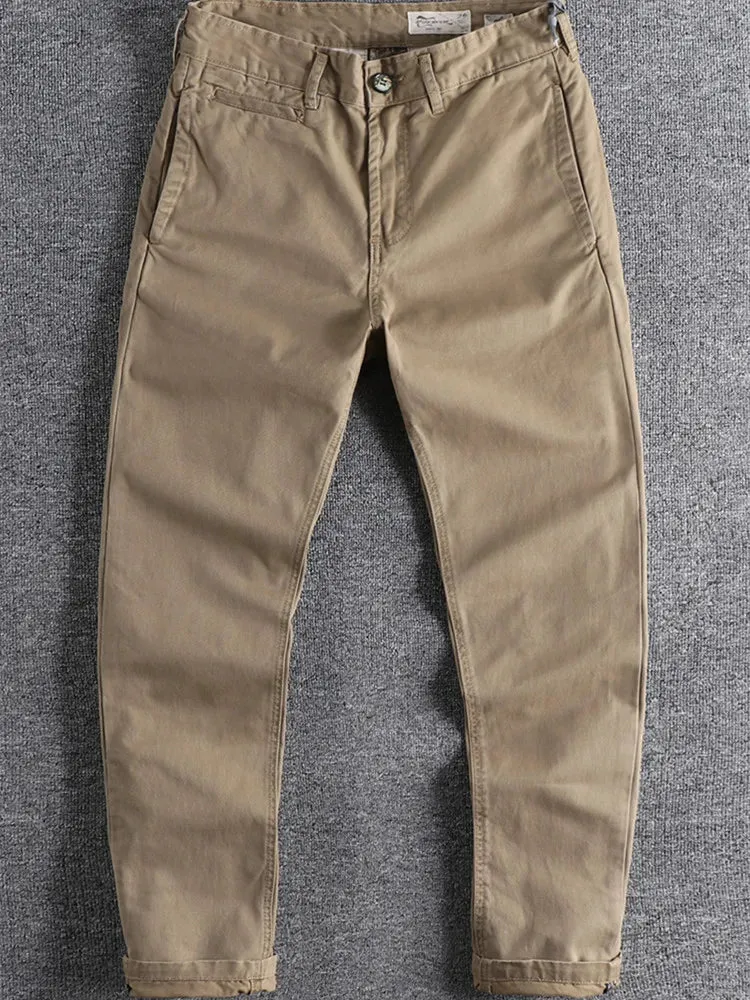 Retro Woven Twill Cargo Pants - Men's Simple 100% Cotton Washed Old Slim Straight Trousers