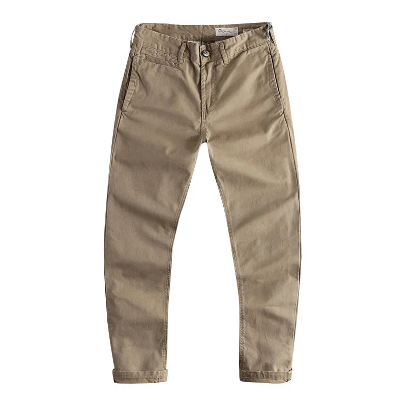 Retro Woven Twill Cargo Pants - Men's Simple 100% Cotton Washed Old Slim Straight Trousers
