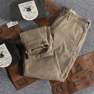 Retro Woven Twill Cargo Pants - Men's Simple 100% Cotton Washed Old Slim Straight Trousers