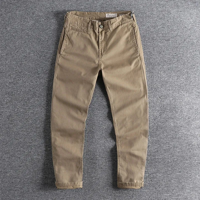Retro Woven Twill Cargo Pants - Men's Simple 100% Cotton Washed Old Slim Straight Trousers
