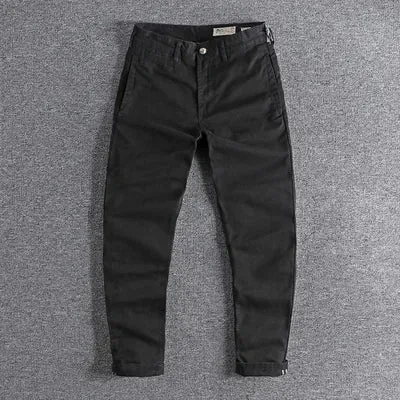 Retro Woven Twill Cargo Pants - Men's Simple 100% Cotton Washed Old Slim Straight Trousers