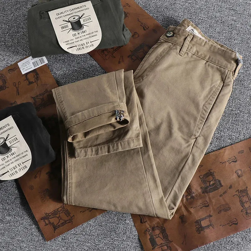 Retro Woven Twill Cargo Pants - Men's Simple 100% Cotton Washed Old Slim Straight Trousers