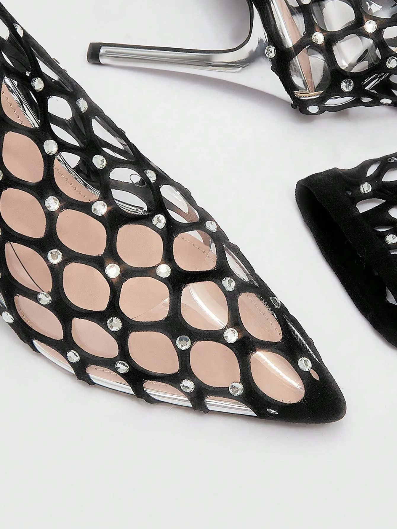 Rhinestone Decor Point Toe Heeled Sock Boots - Black