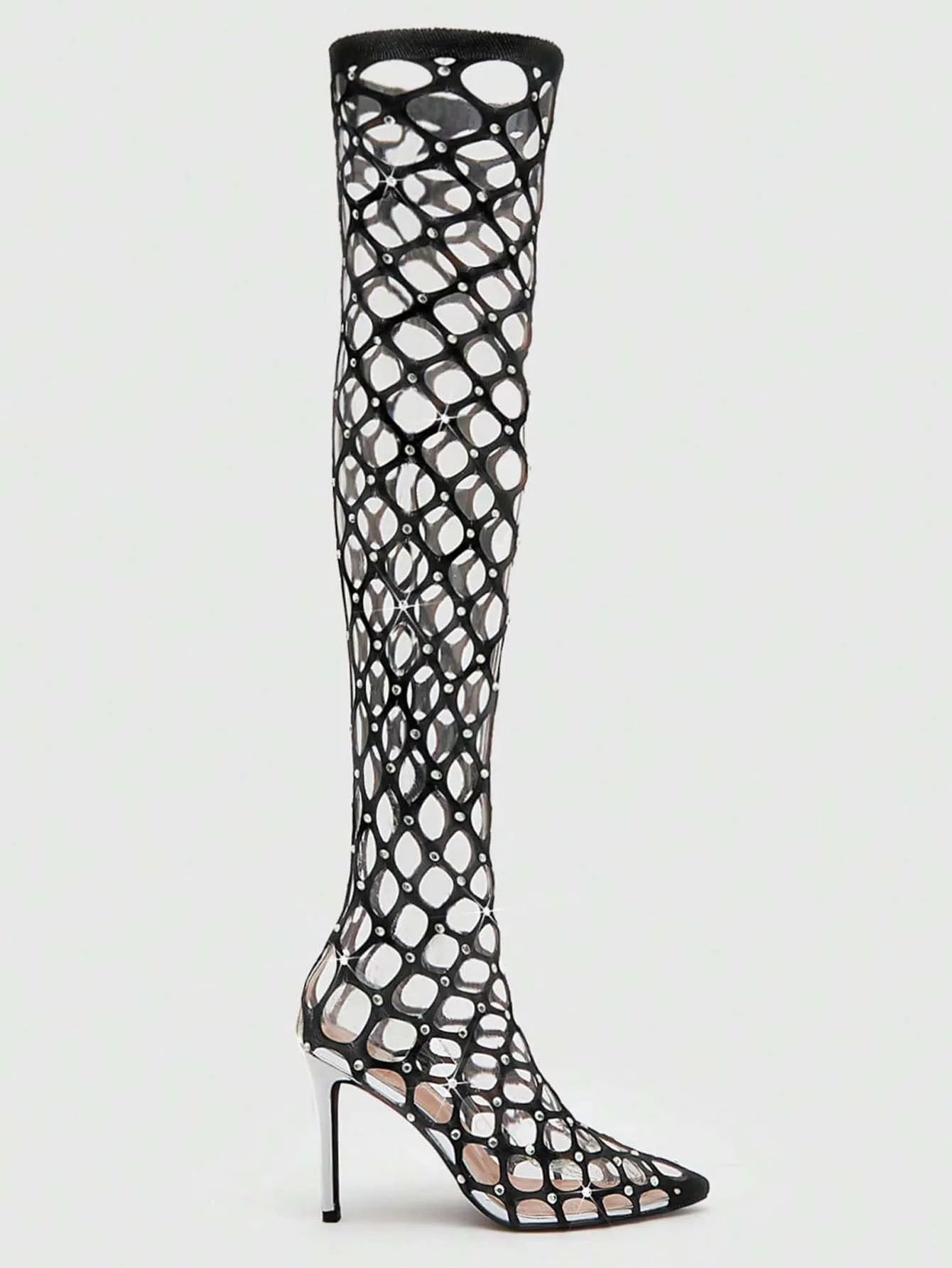Rhinestone Decor Point Toe Heeled Sock Boots - Black