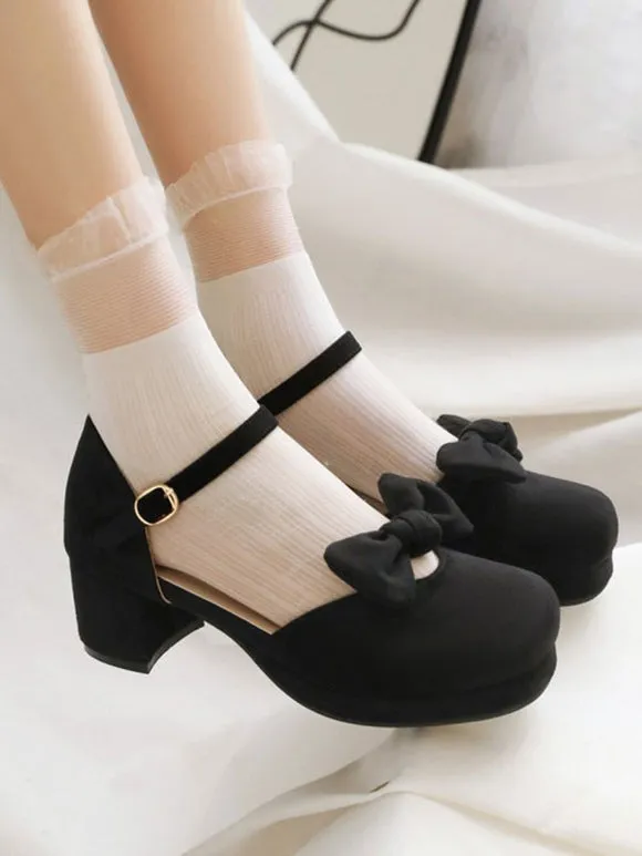 Sweet Lolita Sandals Bows Round Toe Chunky Heel Monogram Suede Pink Lolita Summer Ankle Strap Heels