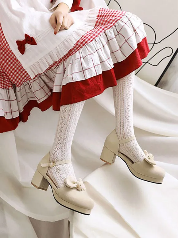 Sweet Lolita Sandals Bows Round Toe Chunky Heel Monogram Suede Pink Lolita Summer Ankle Strap Heels