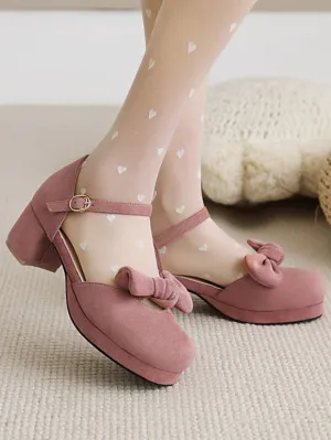 Sweet Lolita Sandals Bows Round Toe Chunky Heel Monogram Suede Pink Lolita Summer Ankle Strap Heels