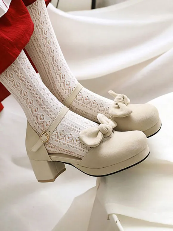 Sweet Lolita Sandals Bows Round Toe Chunky Heel Monogram Suede Pink Lolita Summer Ankle Strap Heels