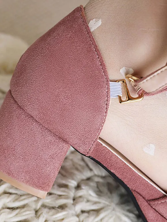 Sweet Lolita Sandals Bows Round Toe Chunky Heel Monogram Suede Pink Lolita Summer Ankle Strap Heels