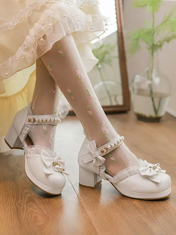 Sweet Lolita Sandals Ruffles Pearls Bows Round Toe PU Leather Pink Lolita Summer Shoes