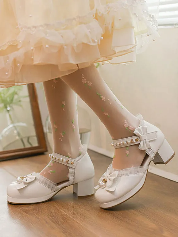 Sweet Lolita Sandals Ruffles Pearls Bows Round Toe PU Leather Pink Lolita Summer Shoes