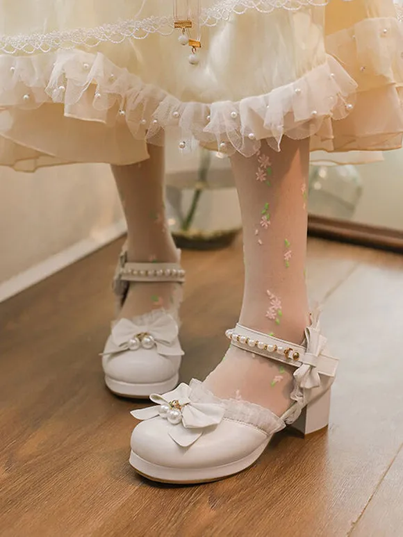 Sweet Lolita Sandals Ruffles Pearls Bows Round Toe PU Leather Pink Lolita Summer Shoes