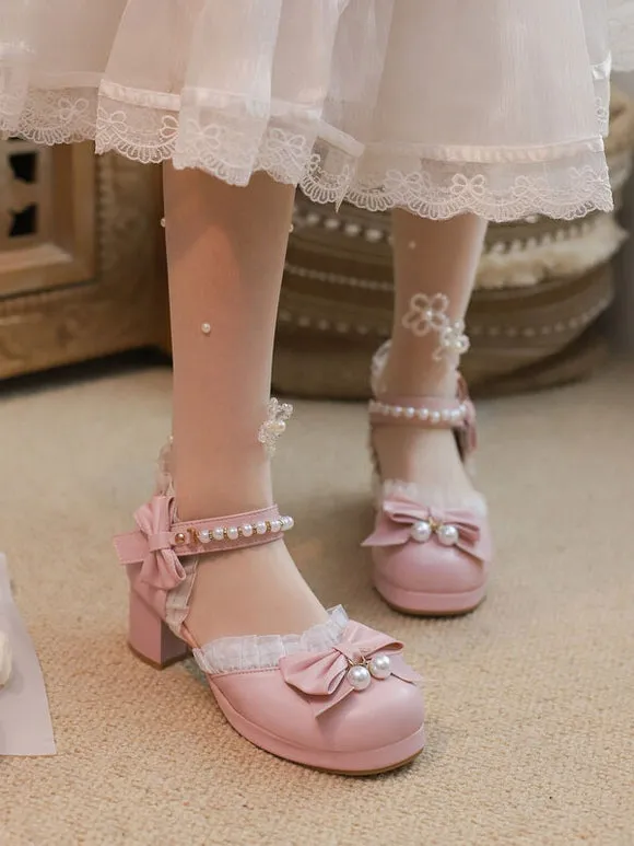 Sweet Lolita Sandals Ruffles Pearls Bows Round Toe PU Leather Pink Lolita Summer Shoes