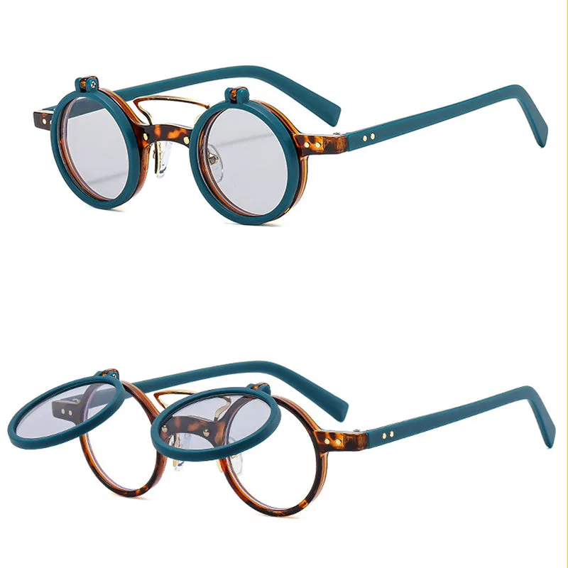T307 New Small Round Face Frame Punk Double Flip Sunglasses